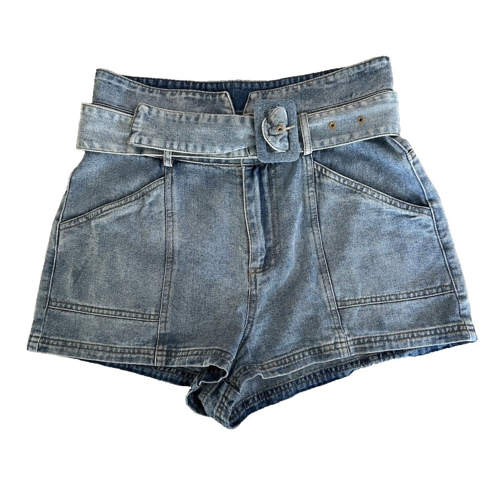 Le Lis Denim Belted High Waist Medium Wash Zip Fly 100% Cotton Size M Shorts
